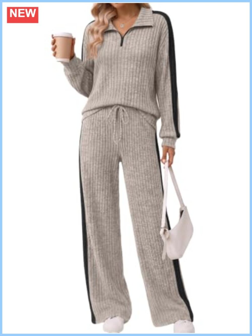 2 Piece Lounge Set Quarter Zip Top Wide Leg Pants Travel Outfit